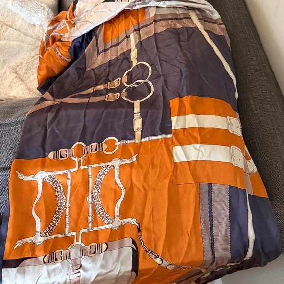 Silk Equestrian Scarf Orange Gray Cream Horse Bit Print - Picture 4 of 5